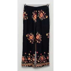 Liv Los Angeles Anthropologie Black Floral Embroidered Wide Leg Pants Women's‎ L